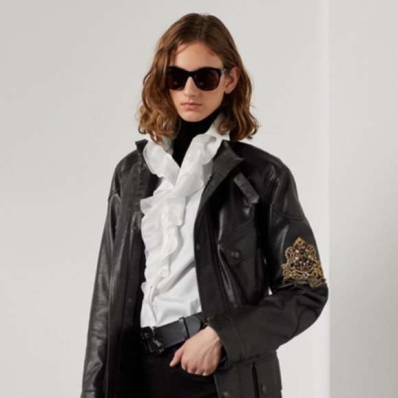 Ralph Lauren Collection Cadena Logo-Patch Belted Leather Moto Jacket - Picture 4 of 16